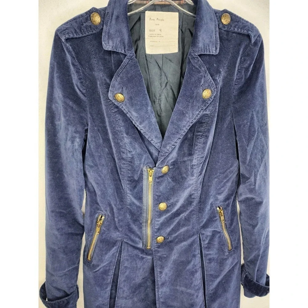 Free People Size 4 Velvet Navy Blue Jacket Gold Buttons Pleated Vintage